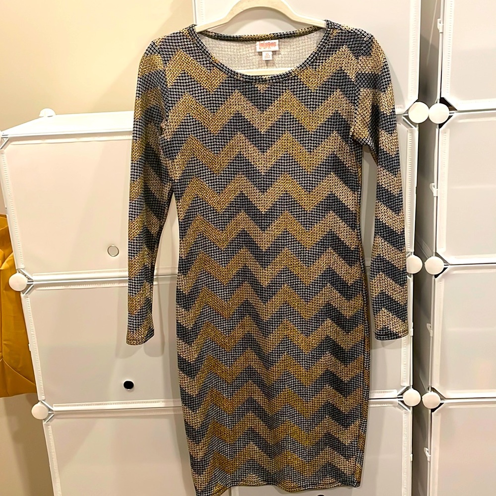 Lularoe gorgeous herringbone design dress gold, black and silver
